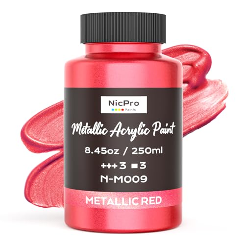 Nicpro Metallic Red Acrylic Paint, 8.45oz/250ml Large Metallic Paint | Non Toxic, Non Fading Craft Paints for Metal, Wood, Clay, Fabric, Canvas, Furniture, Handcrafts, Art Supplies - color: Metallic Red, size: 8.45 Fl Oz (Pack of 1)