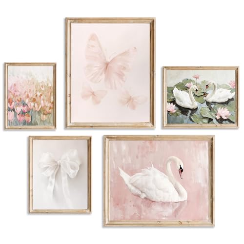 Aroutde 5Pcs Pink Coquette Canvas Wall Art Decor, Preppy Girl Room Coquette Wall Decor Vintage Flowers Swan Bow Butterfly Painting Coquette Posters for Girl Bedroom College Dorm Decor (UNFRAMED) - color: Swan