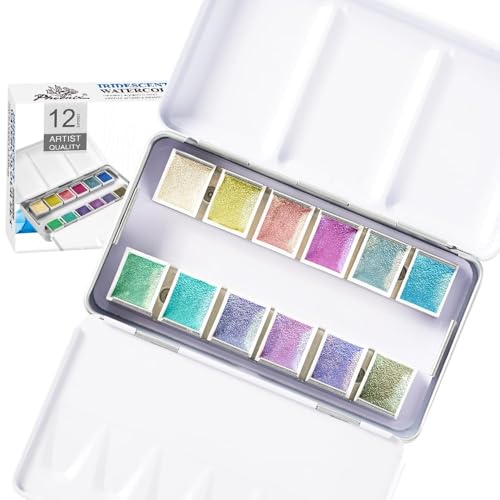 PHOENIX Iridescent Watercolor Paints - 12 Half Pan Color Shifting Watercolor Paint Set, Glitter Pearlescent Portable Palette, Gift for Water Color Painter - color: Iridescent