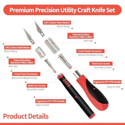 Precision Utility Craft and Exacto Knife Set - Premium Hobby Knife Cutting Tool with Sharp Blades for Architectural Models, Carving Pumpkins/Stencils, Paper/Leather/Vinyl Crafts (Red) - color: Red