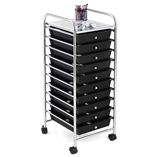 RELAX4LIFE 10 Drawer Slim Rolling Storage Utility Cart Black | 34"H Height, Lockable Rolling Casters, Metal Frame, For Classroom Teacher Office Art Craft Scrapbook Paper Supply Storage - color: Black, size: 34''H