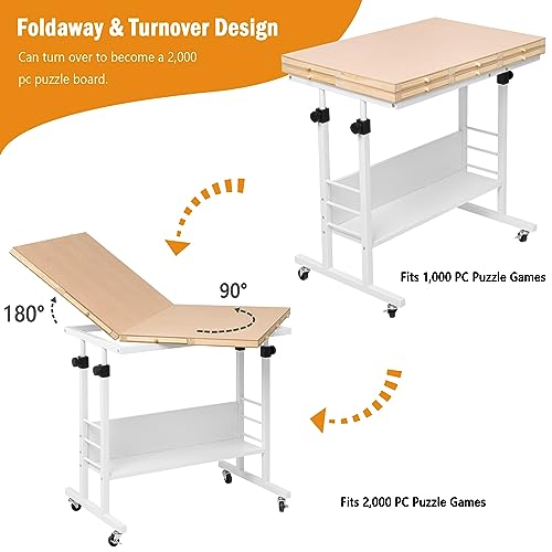 Tektalk 2000 Piece Foldable Puzzle Board with Height Adjustment, Jigsaw Puzzle Table with 2 Felt Cover & 8 Sorting Trays/Drawers, Puzzle Easel with Legs, Enclosed with 4 Roller Wheels (White) - color: White