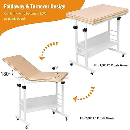Tektalk 2000 Piece Foldable Puzzle Board with Height Adjustment, Jigsaw Puzzle Table with 2 Felt Cover & 8 Sorting Trays/Drawers, Puzzle Easel with Legs, Enclosed with 4 Roller Wheels (White) - color: White