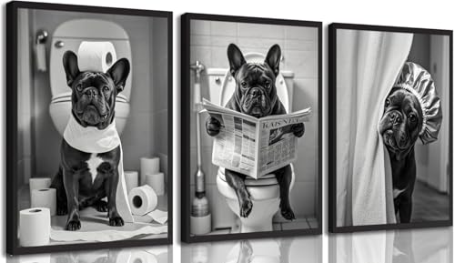 3Pcs Black White French Bulldog Bathroom Wall Art Abstract Dog Toilet Paper Poster Prints Artwork Funny Animal Pictures Wall Decor for Washroom Home Decoration 16x24in Unframed - color: Dog, size: 24"L x 16"W Poster