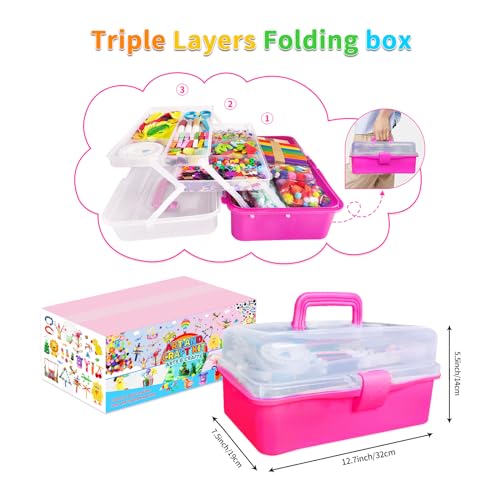 Itopstar 3000+ Kids Arts & Crafts Supplies for Girls - Ultimate Crafting Set in Portable 3-Layered Plastic Art Box - All-in-One DIY Art Supplies for Girls 8-12 - color: dark-pink3000pcs