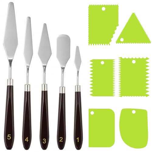 Rovella Painting Palette Knife set, 5pcs Stainless Palette Knives With 6 Plastic Scrapers, Professional Paint Tool for Acrylic Painting, Oil, Canvas & Cake Decorating - color: Green