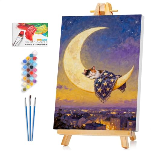 Framed Paint by Numbers Kit for Adults Beginner & Kids Ages 8-12, Moon Cat Paint by Numbers with Frame, without Easel, DIY Acrylic Number Painting for Adults Canvas for Home Decor Gift 8 x 12 Inch - color: XM-OP-F-MoonCat-2030