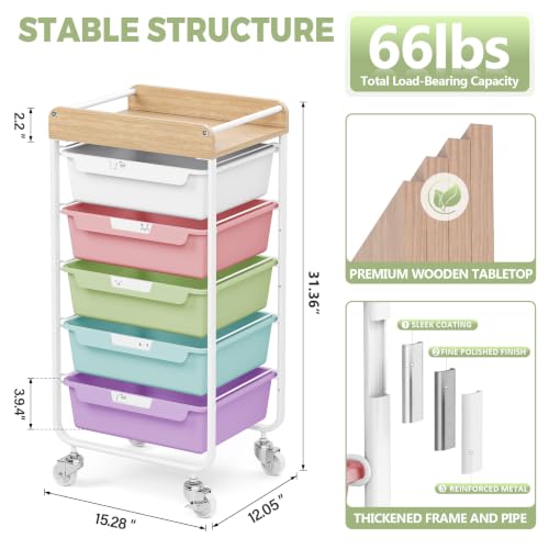 SYKIARIOL Utility Cart with 5 Labeling Drawers and Wooden Tabletop - color: Ice Cream, size: 5-Drawer