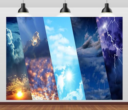 15x10ft Fabric Weather Station Backdrop Sunny Cloudy Rainy Thunderstorm Background Meteorological News Themed Party Decorations Birthday Shoot Adult Portrait Photoshoot Booth Props Wallpaper - size: 15x10FT