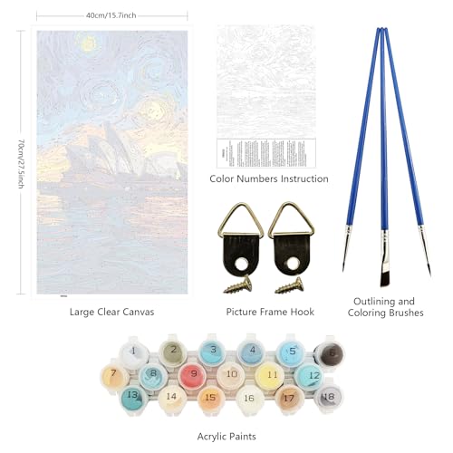 ARTGOTO Large Paint by Numbers for Adults Sydney Opera House | 15.7x27.5inch/40x70cm Paint by Number Kit on Canvas, Starry Sky Harbor Acrylic Painting Set with Brushes, No Frame - color: PBN050