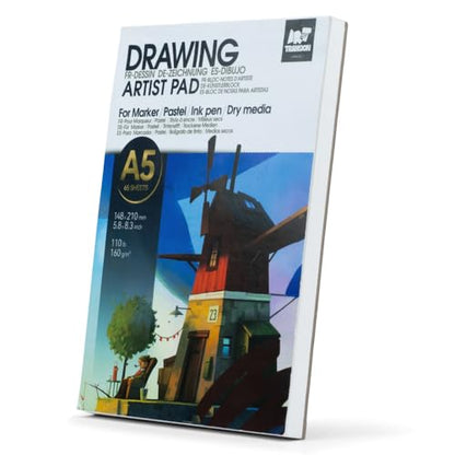 TRANSON A5 Small Sketchbook Marker Pad, 110lb/160gsm Heavyweight Art Paper, No Bleed Through, 65 Sheets/130 Pages 5.8"x8.3" for Drawing & Sketching - size: A5 160gsm
