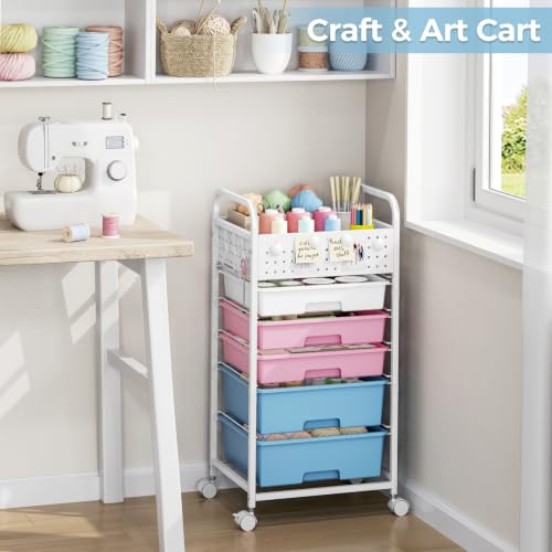 5 Drawer Rolling Storage Cart with Pegboard Top and Hooks, Pink&Blue - color: Pink&Blue, size: 5-Drawers