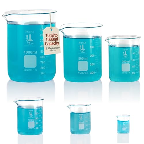 Karter Scientific, 3.3 Boro, Griffin Low Form, Glass Beaker Set - 6 Sizes - 10ml, 50ml, 100ml, 250ml, 500ml, 1000ml - size: 6-Piece Set, style: Pack of 6