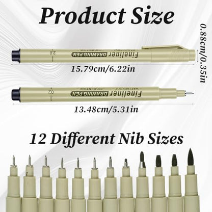 12 Pcs Archival Inking Markers Black Fineliner Drawing Art Pens | Fine Line Pens, Waterproof Markers, Sketch Outline Pen for Detail Outlining Drawing Sketching, Manga Watercolor Calligraphy