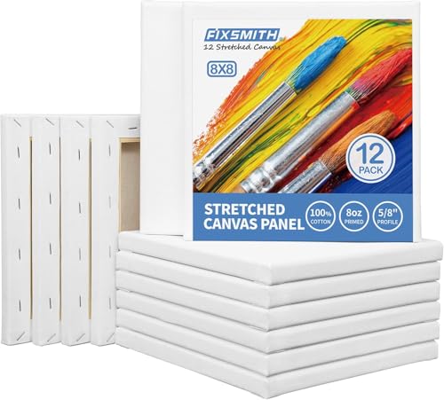 FIXSMITH Stretched White Blank Canvas- 8x8 Inch,Bulk Pack of 12,Primed,100% Cotton,5/8 Inch Profile of Super Value Pack for Acrylics,Oils & Other Painting Media. - size: 8"x8"-12Pack