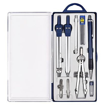 Unjoo 9Pcs Precision Geometry Set Metal Compass,Geometry Tool Set (Blue) | Shatterproof Storage Box, Circle Drafting Tool and Architecture, Drafting Kits for Engineers Students - color: Blue