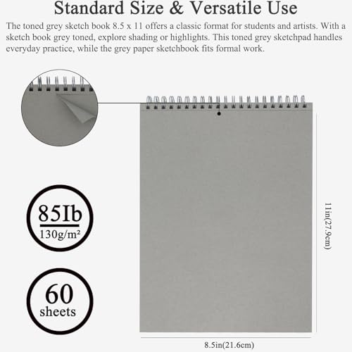 Fuxi Toned Gray Sketchbook 8.5x11, 60 Sheets (85lb/150gsm) Spiral Bound, Hardcover, Artist Sketch Pads for Drawing for Adults with Pencil, Charcoal, Colored Pencils for Artists & Students, Classroom. - color: Toned Gray, size: 11" x 8.5" (Pack of 1)