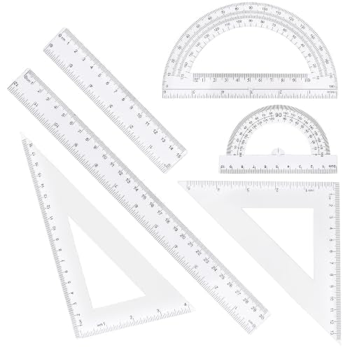 Plastic Clear Ruler Math Set - 6'' 12'' Transparent Straight Ruler, 4'' 6'' Protractor, 30/60 & 45/90 Triangle Ruler, Geometry Math Measuring Tool for School Office Drawing Teachers Kids Supplies - color: Transparent
