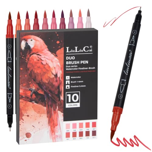 LIULIUCAI 10 Red Dual Markers, Fine & Brush Tip Pen for Adult Coloring - color: 10 Red