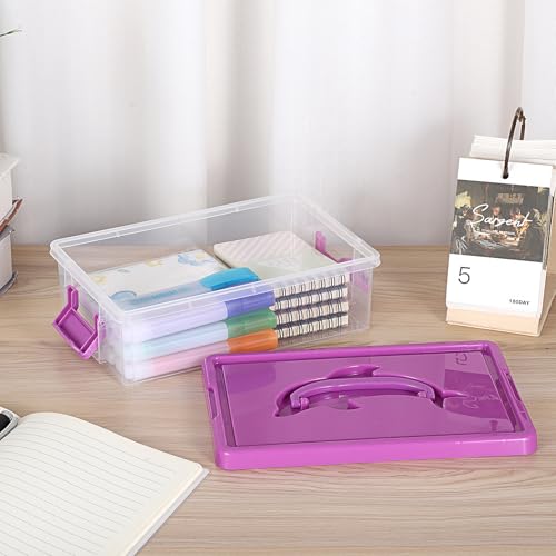 BTSKY 1-Pack Clear Small Plastic Storage Box with Lid - 9″x5.5″x2.8″ Purple | Stackable Organizer Featuring Easy-Lift Dolphin Design, Multi-Use Portable Container for Craft, Office, Space-Saving - color: Purple