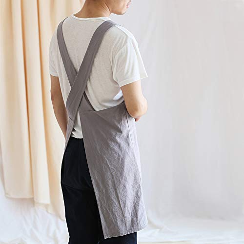 NEWGEM Japanese Cotton Linen Cross Back Cooking Apron for Women Men with Pockets Cute for Baking Kitchen - color: 15 - Men's Dark Gray