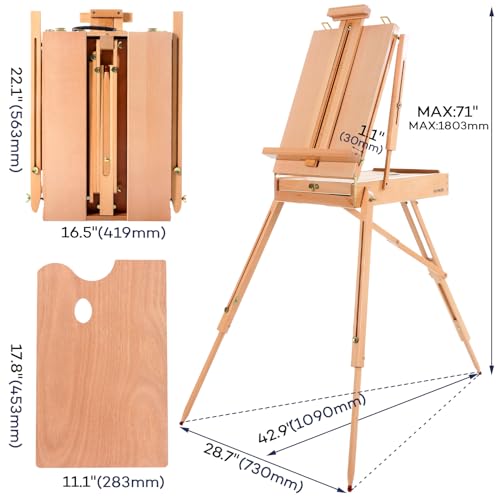 Artkey Beechwood French Easel with Sketch Box & Storage Drawer, Portable Folding Tripod Field Easel for Plein Air Painting, Adjustable Height up to 71", Holds Canvas up to 34", Natural Wood