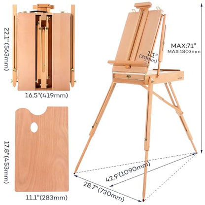 Artkey Beechwood French Easel with Sketch Box & Storage Drawer, Portable Folding Tripod Field Easel for Plein Air Painting, Adjustable Height up to 71", Holds Canvas up to 34", Natural Wood