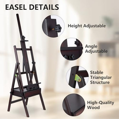 Beech Wood H-Frame Painting Easel with Storage Drawer, Walnut | Heavy-duty Studio Easel, Adjustable Height & Angle Floor Easel Stand, Holds 30"-50" Canvas, Foldable Artist Easel for Adults - color: Walnut