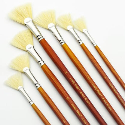 Artist Fan Paint Brushes Set, 7 Pieces White Hog Bristle Natural Hair Anti-Shedding Brush Tips and Long Wood Handle, Professional Artist Fan Brushes for Acrylic Oil Painting