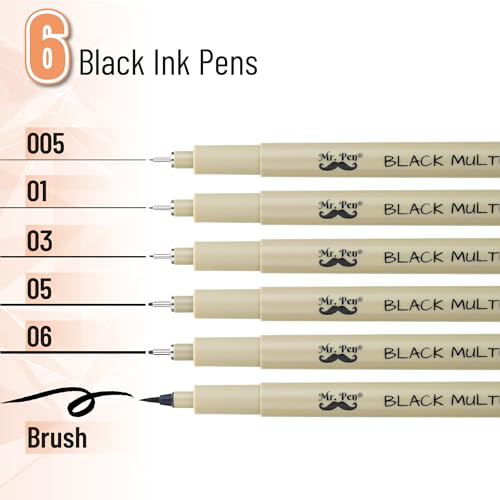 Mr. Pen- Drawing Pens for Artists, 6 Sizes, Black Multiliner, Artist pens | Micro Pens for Drawing - size: 6 Tip Sizes(0.2 to 0.5 mm)