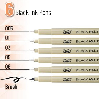 Mr. Pen- Drawing Pens for Artists, 6 Sizes, Black Multiliner, Artist pens | Micro Pens for Drawing - size: 6 Tip Sizes(0.2 to 0.5 mm)