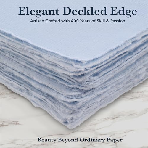 Wanderings 50 Pack Blue A6 Handmade Deckled Edge Cotton Paper - 4" x 6" - Cold Pressed Texture - Paint, Watercolor, Writing, Printer - Cards, Wedding Invitations, Menus, Arts and Crafts. 150 GSM - color: Blue, size: A6 10.5x15 cm