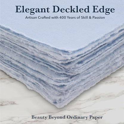 Wanderings 50 Pack Blue A6 Handmade Deckled Edge Cotton Paper - 4" x 6" - Cold Pressed Texture - Paint, Watercolor, Writing, Printer - Cards, Wedding Invitations, Menus, Arts and Crafts. 150 GSM - color: Blue, size: A6 10.5x15 cm