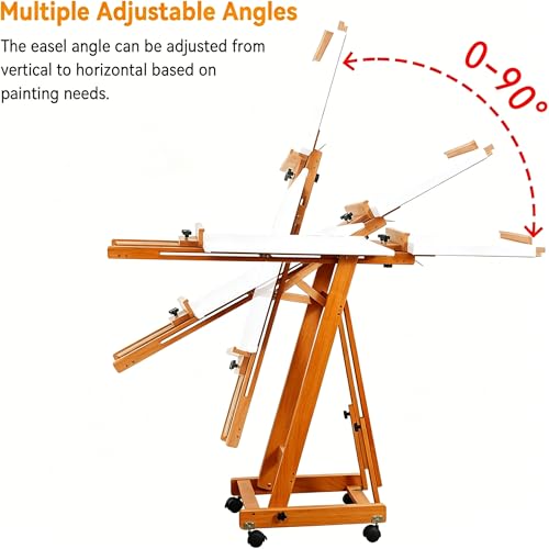 PHOENIX Versatile Studio H-Frame Easel - Solid Beech Wood with Locking Casters, Adjustable Angle & Height, Heavy Duty Canvas Holder with Storage Tray for Professional Artists - Light Walnut