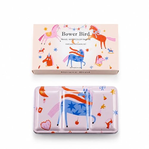 Bower Bird Travel Watercolor Palette, Portable Metal Tin with Ceramic Paint Palette, Empty Sketching Set, White, Antique Style (12well)