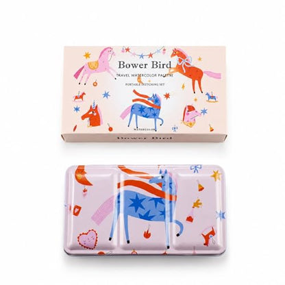 Bower Bird Travel Watercolor Palette, Portable Metal Tin with Ceramic Paint Palette, Empty Sketching Set, White, Antique Style (12well)