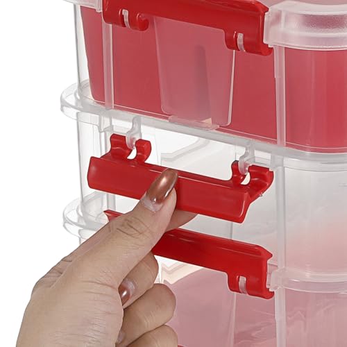 JUXYES 4-Tiers Plastic Stack Carry Storage Containers Box wih Handle Lids - color: Red