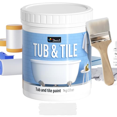 DWIL Tub Paint Tile Refinishing Kit 33oz with Tools 50-55sq.ft | Semi Gloss White Tile Refinishing Kit White Bathtub Paint Water Based Low Odor for Bathroom Kitchen - color: White, size: 33 Fl Oz (Pack of 1)