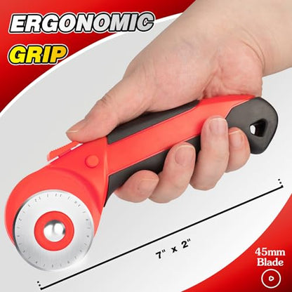DIYSELF Fabric Rotary Cutter, 45mm Rolling Cutter for Sewing with 5 Blades | Quick Blade Change, Wheel Cutter Sewing Tool for Fabric and Leather, Fabric Cutter Rotary Tool for Quilting and Crafts - color: Red