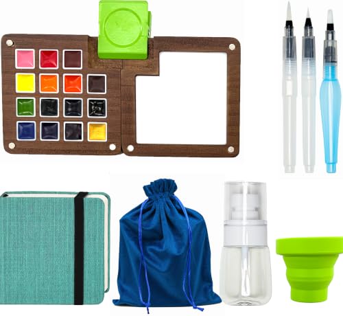 Mini Travel Watercolor Set,Portable Painting Kit with 15 Watercolor Paint Palette,Pocket Mini Watercolor Paint Set for Outdoor Travel Sketching,Beginners, Hobbyists & Artists Painters-Ideal Gift - color: Green