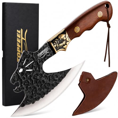 Topfeel Leopard-Head Viking Knife, Hand-Forged Meat Cleaver with Sheath