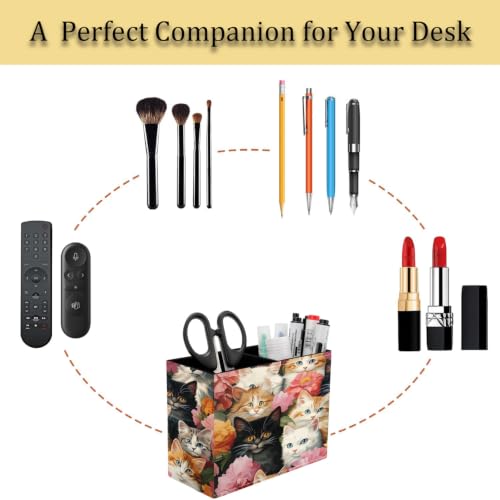 Pen Holder for Desk, PU Leather Multifunctional Desktop Storage Box and Anti-Slip Mouse Pad Set, Makeup Brush Holder Pen Organizer for Office and Home - Cute Cat - color: Cute Cat