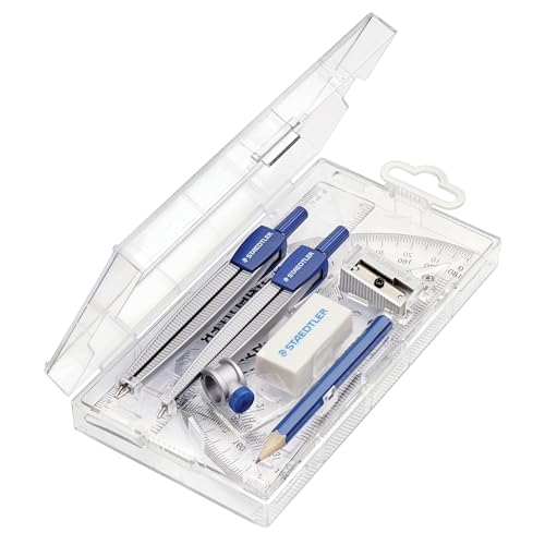 STAEDTLER School Kit Math Geometry Set - 10-Piece Compass, Protractor & Ruler Kit with Flip Open Storage Box - Clear Measuring Tools - Student Drawing Supplies