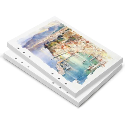 Lightwish Watercolor Paper Bulk Refillable, 100% Cotton Hot Press 300gsm/140lb, 2 Pack, Total 40 Sheets Hole-Punched Replaceable Paper for Artists, Adults, Students,6.69 * 3.94 Inches