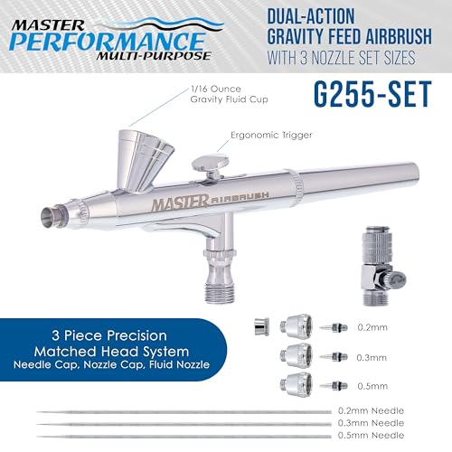 Master Airbrush G255 Dual-Action Gravity Feed Airbrush Gun Kit, 3 Nozzles - size: G255 3-Tip Fine & Multi-Purpose Set