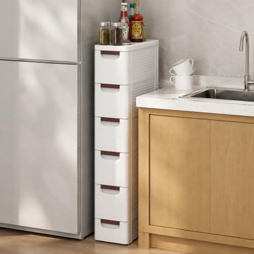 POWERSTONE 6-Drawer Plastic Storage Cart, Narrow Organizer Rolling Cart with 4 Wheels, Space-Saving Slim Mobile Utility for Bathroom, Office & Classroom - size: 43"H 6 Drawer