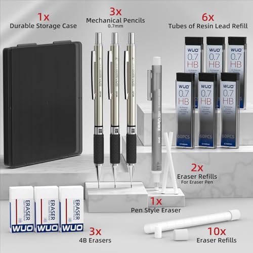 WUO 0.7 mm Mechanical Pencil Set with Eraser Pen Storage Case, 3 PCS | Metal Drafting Pencils, 360 HB Lead Refills, 3x4B Erasers, 12 Eraser Refills for School Artist Writing Drawing Sketching - color: Black 2 - 0.7mm (3 Pack)