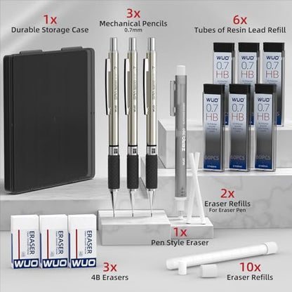 WUO 0.7 mm Mechanical Pencil Set with Eraser Pen Storage Case, 3 PCS | Metal Drafting Pencils, 360 HB Lead Refills, 3x4B Erasers, 12 Eraser Refills for School Artist Writing Drawing Sketching - color: Black 2 - 0.7mm (3 Pack)