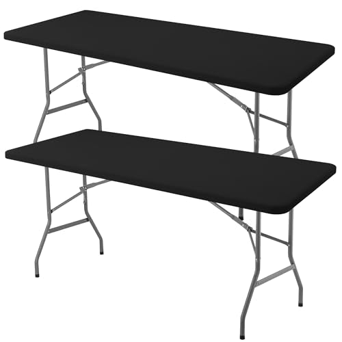 Fitted Tablecloth Rectangle Tables-Black Picnic Table Covers 42x72 Inch | 2 Pack Spandex Stretch Elastic Windproof Washable Folding Table Cloths-Outdoor Camping Dining Patio Kitchen Banquet Party - color: Black, size: 42'' x 72'' | 2 Pack