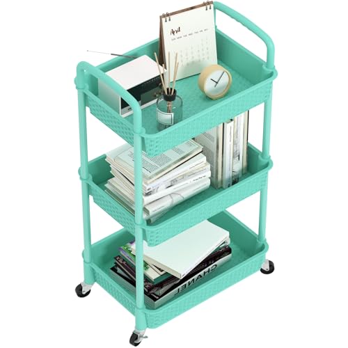 MOYIPIN 3-Tier Plastic Rolling Utility Cart with Handle,Turquoise | Utility Storage Cart for Office, Living Room, Kitchen,Movable Storage Organizer，Easy installation，Rattan-like art design - color: Turquoise, size: 3-Tiers without cups